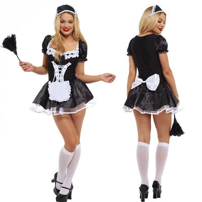 Women French Maid Fancy Dress Costume Outfit Horror Party Rocky Duster LOT
