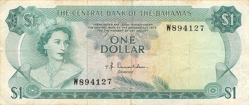 Bahamas  $1   Act. 1974   Series  W  Que. II  Circulated Banknote 2D2 - Afbeelding 1 van 2