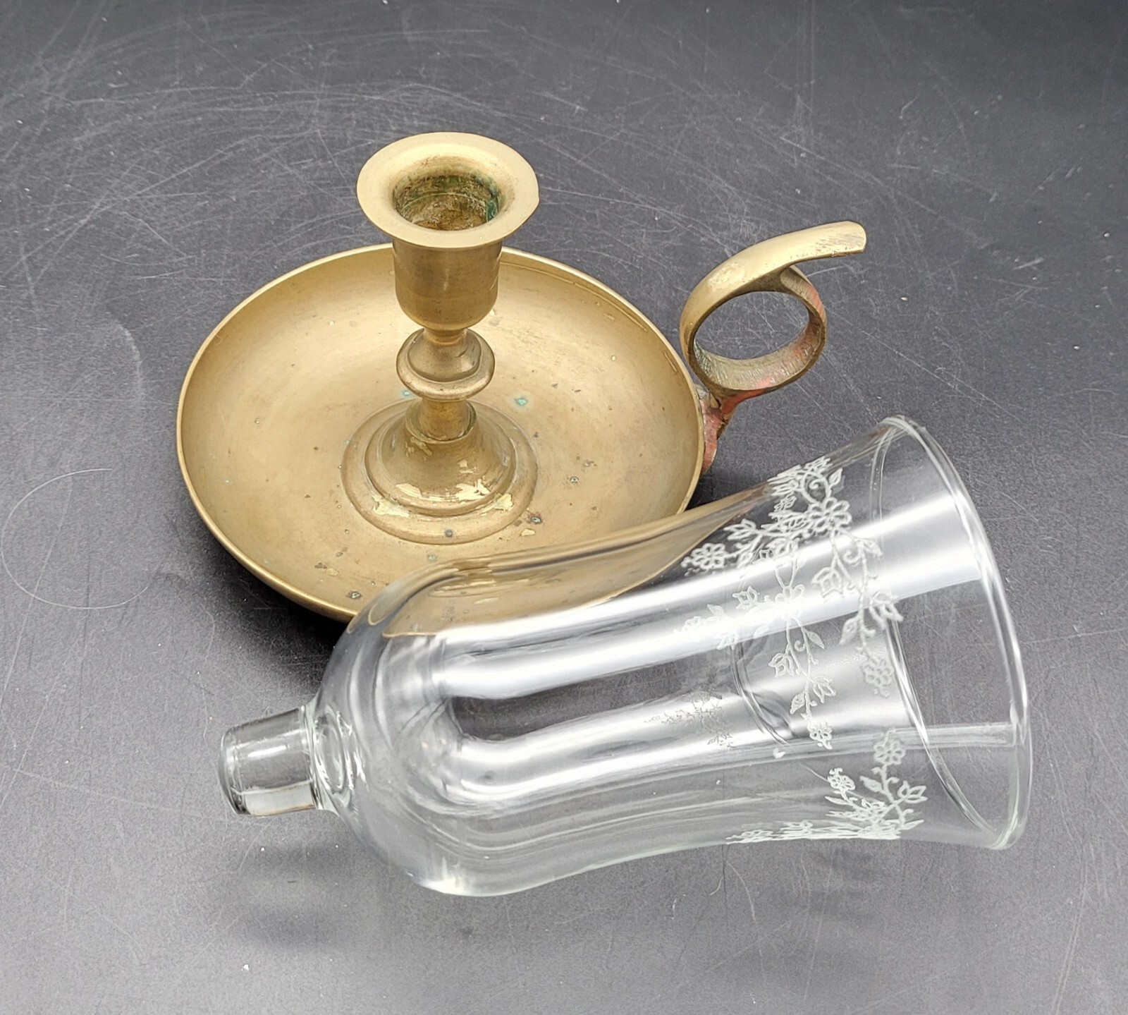 Brass Hurricane Candle Holder With Etched Floral Glass Topper eBay