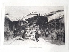 Rare 19th Engraving Scene Of Market " L' Agora " Souvenir Athens Laguillermie