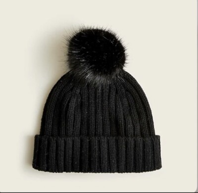 J. Crew NWT Ribbed Beanie with Faux-Fur Pom-Pom - Black | eBay display picture 2