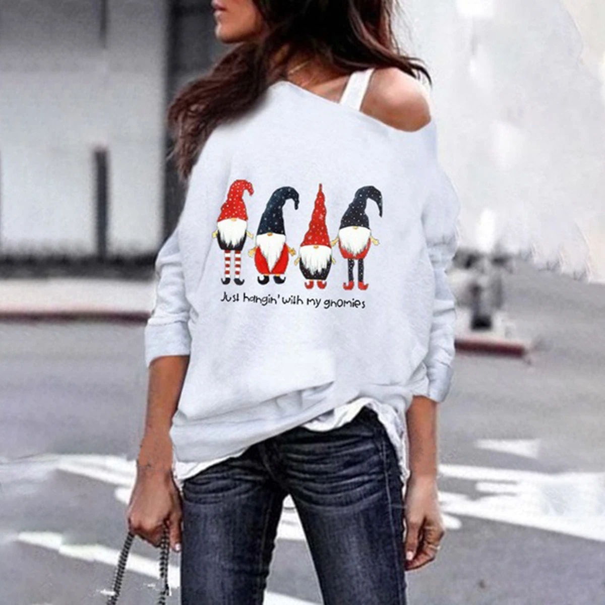 Women Sweatshirt Stretchy Slash Neck Gnome Print Pullover Sweatshirt Cozy