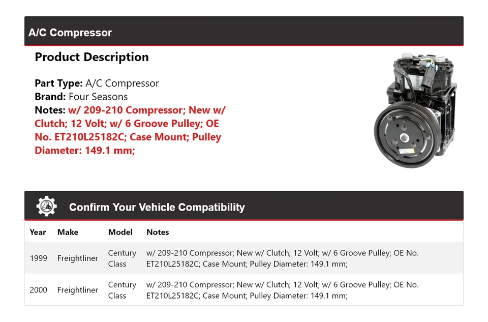 Compresor de aire acondicionado Freightliner Century Clase 1999-2000 4 estaciones Foto 2 de 4