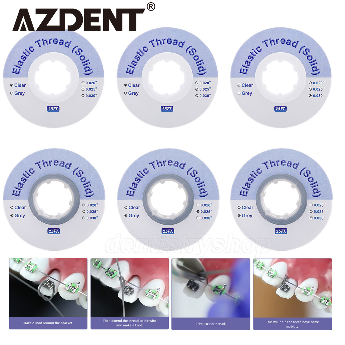 Hilo elástico de ortodoncia dental AZDENT (sólido) 25 pies/rollo 0,020/0,025/0,030