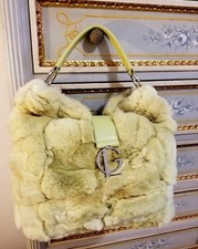 Guy Laroche Chinchilla Rex Rabbit Fur 11" Wide Tote Satchel + Makeup Bag Nwt 