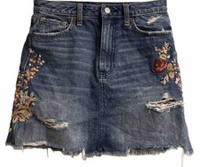 Abercrombie Fitch Denim Mini Skirt Embroidered Floral Distressed Size 26