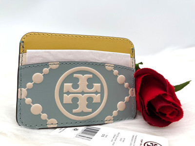 AUTH NWT $148 Tory Burch Logo T Monogram Leather Card Case-Blue Celadon/Multi