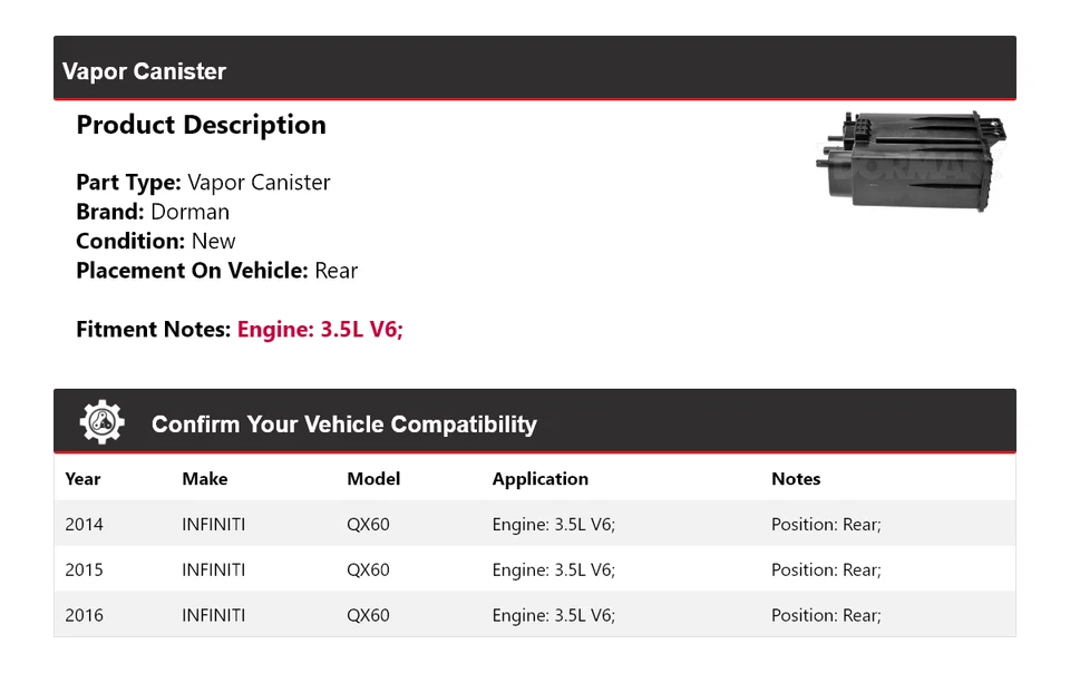 For 2014-2016 INFINITI QX60 3.5L V6 Dorman Vapor Canister Rear 2015 - Изображение 2 из 4