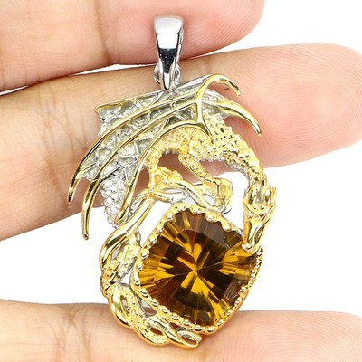 925 Sterling Silver Pendant Cognac Quartz 12.5ct Wyvern Dragon Handmade Gem
