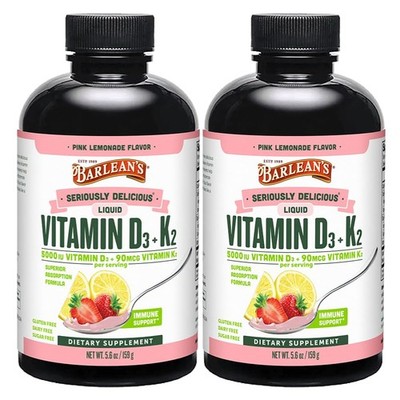 Barlean's Vitamin D3 K2 Liquid 5000 IU Pink Lemonade 2-Pack Non-GMO Gluten Free