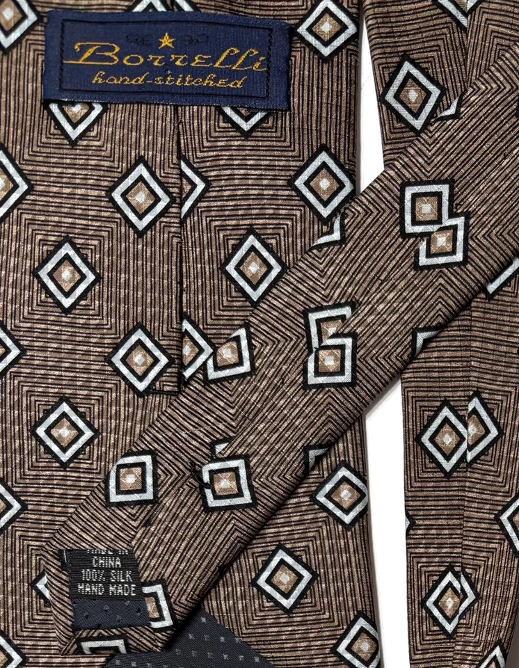 Corbata Borrelli marrón azul cosida a mano 100 % seda cuadrados geométricos dentro de cuadrados Foto 2 de 4