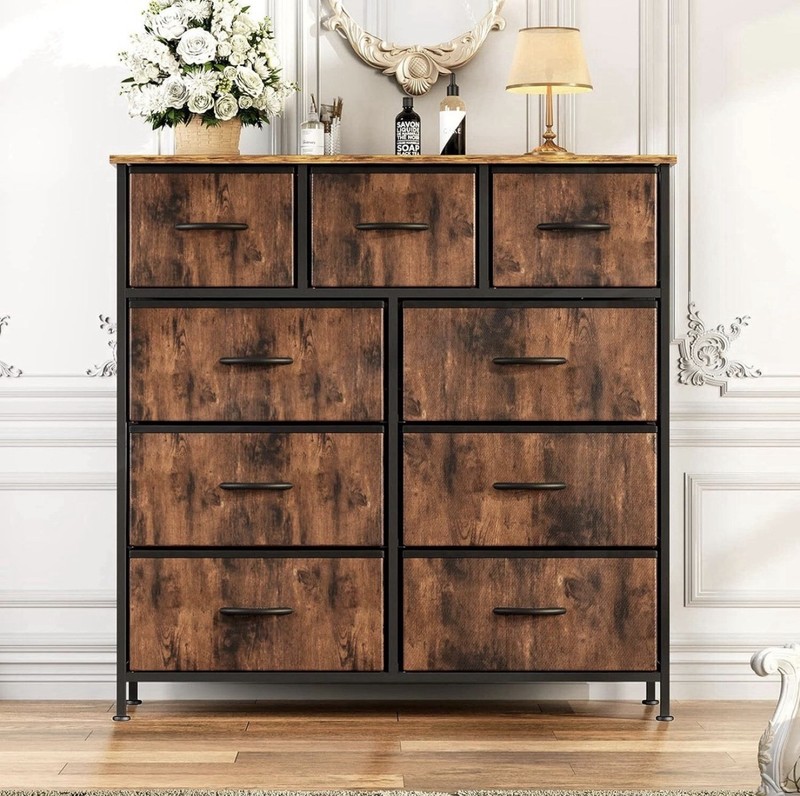 Rust Brown 9 Storage Drawer Dresser Bedroom Wood Dresser Fabric Storage Tower