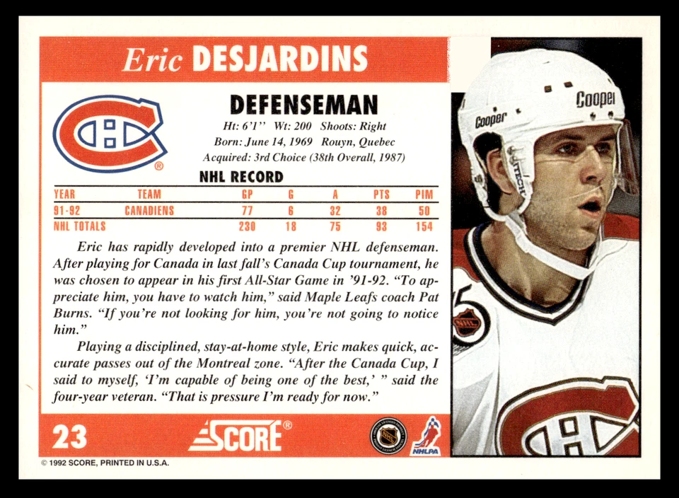 1992 Score Eric Desjardins #23 Montreal Canadiens Base Set NHL Hockey - Image 2 of 2
