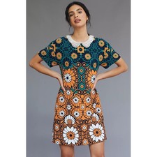 Maeve Anthropologie Floral Shift Mini Dress XS Teal Orange Hippie 70s Retro Mod