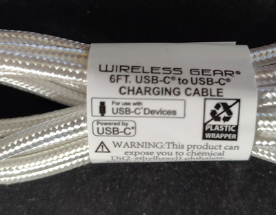 WirelessGear USB-C to USB-C Braided 6ft White Flexible Charging Cable BL3480