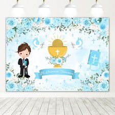 5x3ft First Communion Decorations Backdrop Blue Floral Mi Primeria Comunion
