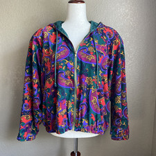 VTG 90s SG Sport Bold Colorful Filigree Satin Hooded Windbreaker Women's S 6/8