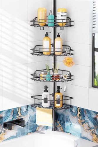  Shower Caddy Tension Pole: 4-Tier Rustproof Bathroom Corner Shelf Black