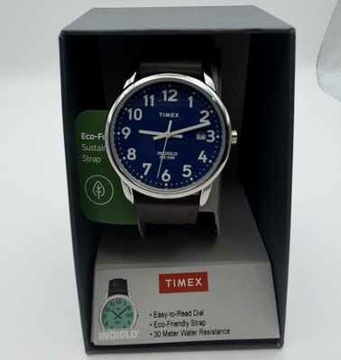 Timex Easy Reader 35mm Blue Dial INDIGLO Brown Eco Strap Watch New in Box