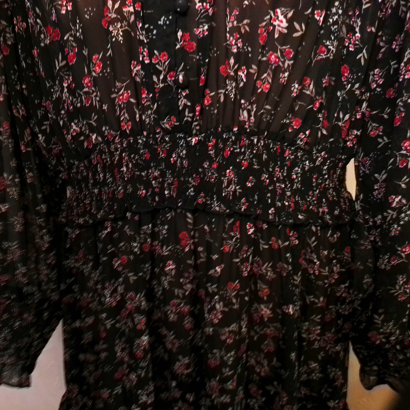 VETEMENTS Maxi Abito XL Nero Floreale Trasparente Chiffon Manica Lunga Scollo a V