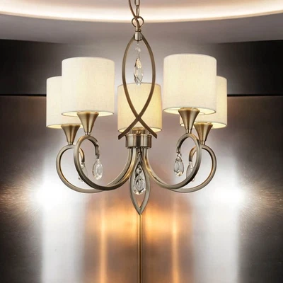 Lustre Suspendu Pour Table À Manger 5X E14 En Laiton Antique Naturel Tissu Métal - Photo 1/4