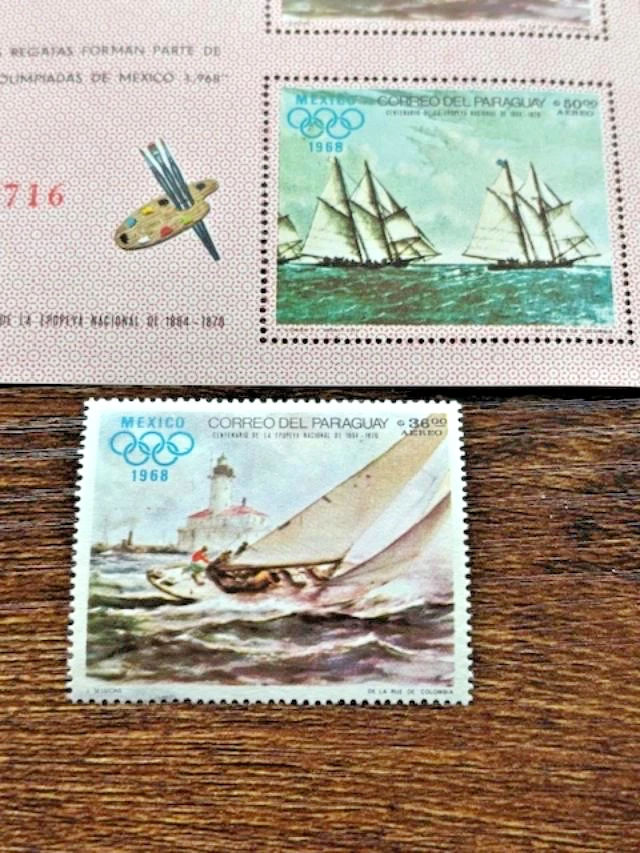 1968 PARAGUAY - MNH SHEET S/S + STAMP - 1968 OLYMPICS - SAILING/SPORT - Image 3 of 4