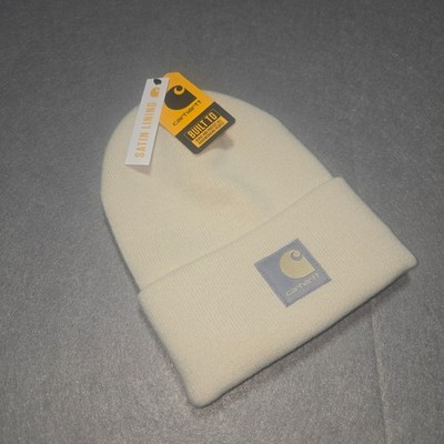 Carhartt Women Satin Lined Beanie Cream Off White Knit Cuffed Watch Hat NWT