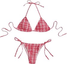 Women's 2 Piece Bikini Sets Gingham Print Plaid Halter Triangle Tie Red Small