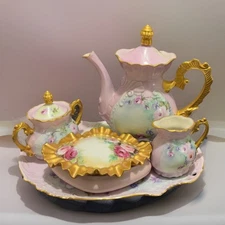 Antique Hand-Painted Floral Porcelain Tea Set, Pink Pastel, Gold Trim, Unmarked