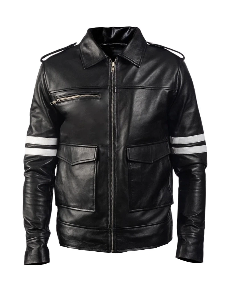 Alex Mercer Prototype Jacket Men’s Black Leather White Stripes Biker Jacket