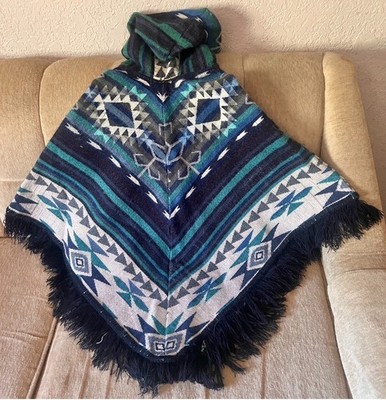 Ecuadorian Poncho Kids 8 Handmade Alpaca Wool Hood & Fringe Blue White Turquoise