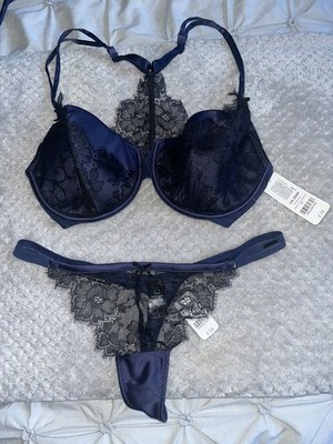 New With Tags. Boux Avenue. Navy & Black Lace Lingerie Set. Bra 32DD Thong 10