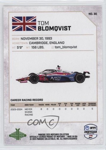 2025 Parkside NTT IndyCar Collection First Edition Tom Blomqvist #30 1u6 - Picture 2 of 3