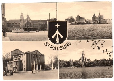Postcard, Stralsund, four images, including station with tram, 1960