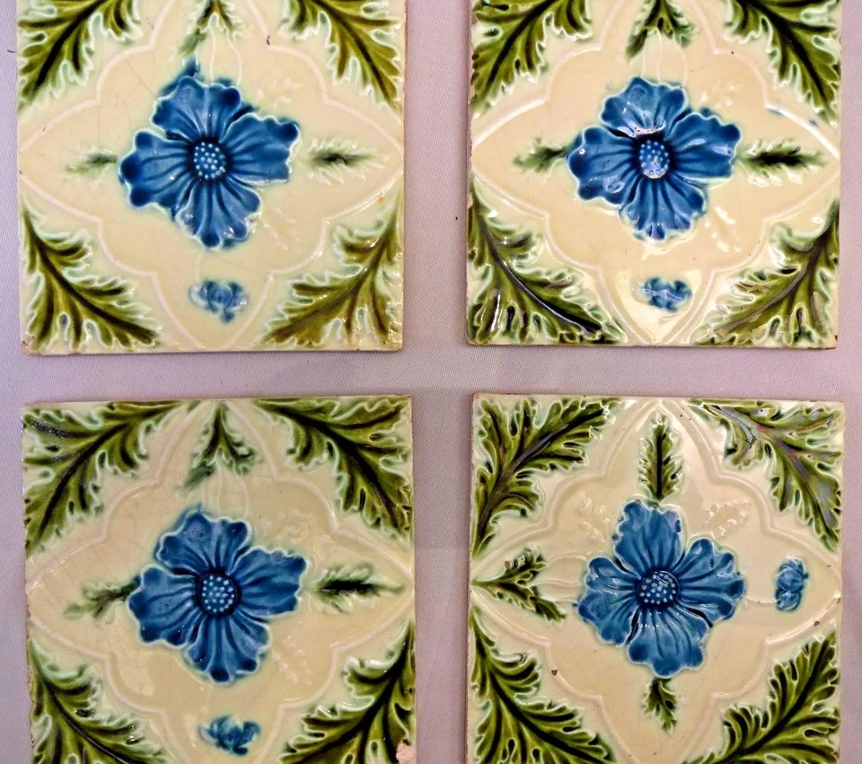 TILE MAJOLICA VINTAGE ENGLAND ART NOUVEAU PORCELAIN FLOWER PURPLE 4 PIECE SET#11 - Image 4 of 4