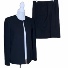 Le Suit Separates Womens Open Front Skirt Suit Black Slit Lined Back Zipper 12/8