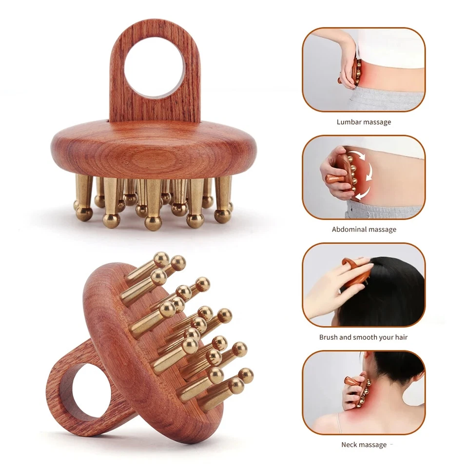 Meridian Massage Comb Head Massage Tool Copper Wood Therapy Circulation Scraping - Image 3 of 4