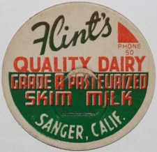 Vintage milk bottle cap FLINTS QUALITY DAIRY Skim Milk Sanger California unused