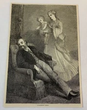 1877 magazine engraving ~ A BACHELOR'S DREAM vision of a future wife and child