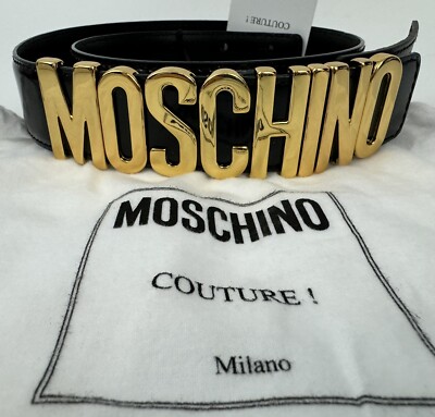 NEW MOSCHINO Logo Lettering Leather Belt Sz XS 38 Black Calf Leather Gold Womens