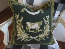 Aubusson style FRENCH COUNTRY Needlepoint Pillow Cover COW Gold & Drk Grn