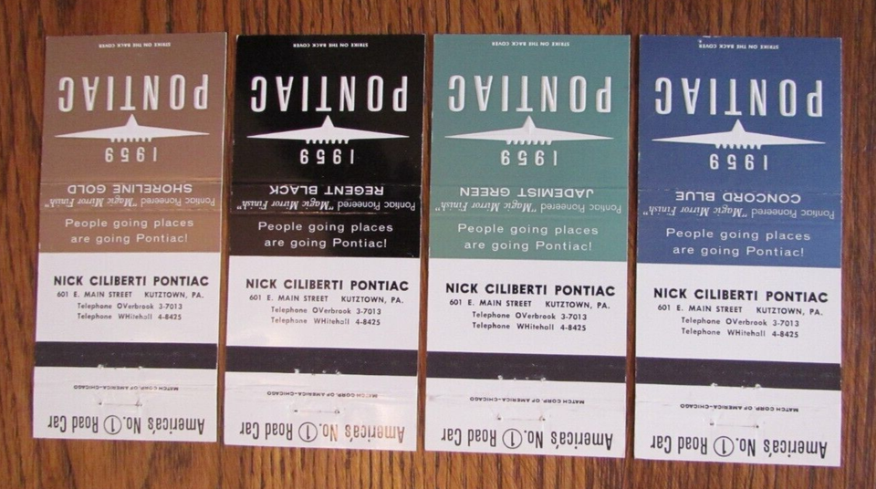 1959 CILIBERTI PONTIAC CAR DEALER MATCHBOOK COVERS KUTZTOWN, PA
