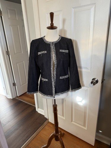 Talbots Womens Dark Denim Jacket Blazer Tweed Fringe Size 4P NWOT - Picture 3 of 9