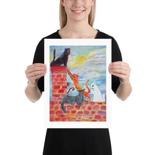 CINCO GATOS EN EL TECHO - pintura al óleo - PÓSTER - ¡varios tamaños! estampado gato callejero - Imagen 3 de 7