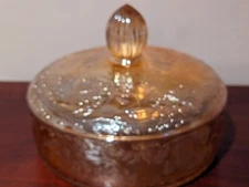 Covered Dish - Gold/Amber Carnival Glass - Lace Design