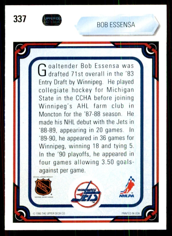 1990-91 Upper Deck Bob Essensa Hockey Cards #337 - Image 2 of 2