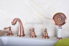 Red Copper Deck Mounted Bathroom Tub Hand Shower Faucet Set Mixer Taps