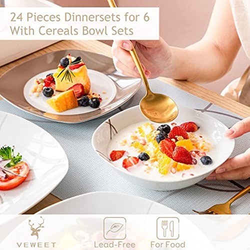 Juego de vajilla VEWEET NIKITA 24 piezas platos de porcelana blanca tazón servicio para 6 - Imagen 4 de 7