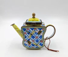 Vintage 2001 Kelvin Chen Hinged Enamel Bees & Dragonflies Tea Pot Trinket Box