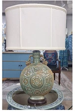 Celadon Moon Chinoiserie Porcelain Lamp. Handles. Handmade. With Lampshade